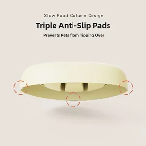 Detail of slow food column design and triple anti-slip pads on yellow pet bowl bottom