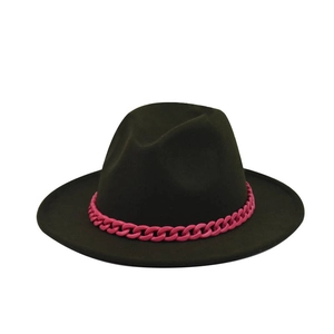 Detailed close-up of dark felt fedora hat featuring a vibrant rose pink chain decoration