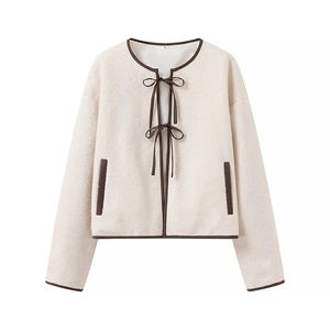 Women Elegant Lamb Wool Texture Short Jacket Round Neck Contrast Trim Bow Tie Closure Loose Outerwear Cardigan Coat