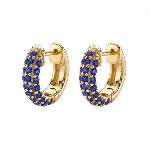 Elegant gold hoop earrings featuring double rows of pave-set blue zircon gemstones