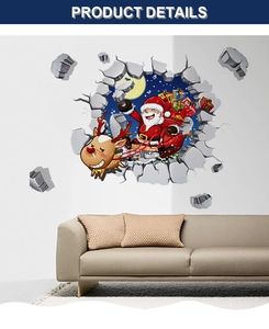 3D Santa Claus wall sticker with reindeer pulling sled through a cracked wall effect