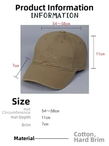Size guide for brown cotton baseball cap showing circumference and brim measurements