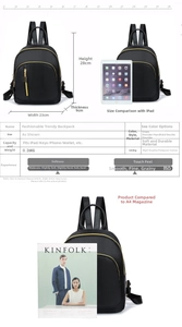 Detailed dimensions and scale of the black mini backpack with iPad size comparison