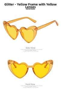 Front and side views of heart-shaped sunglasses with yellow glitter frames and tinted lenses