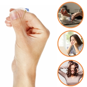 Close-up of golden spinning bead ring for anxiety relief being rotated on finger