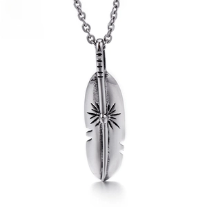 Retro Stainless Steel Feather Pendant Sun Pattern Engraved Vintage Ethnic Style Jewelry Accessory For Men Women