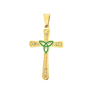 Pendentif croix en acier doré 18k avec nœud celtique vert et cristaux étincelants
