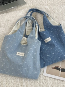 Sac Cabas En Denim Pour Femmes Grande Capacité Imprimé Nœud Sac À Main Épaule Décontracté Étudiant École Avec Poche