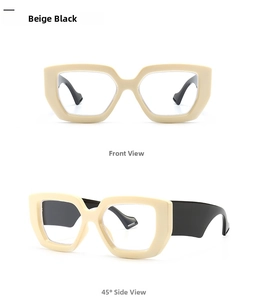 Detail of geometric chunky eyewear frame in beige and black contrast colors