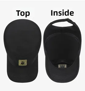 Detailed top and interior view of a black cotton cadet cap with adjustable metal buckle