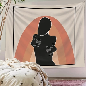 Bohemian tapestry featuring black figure silhouette and earth-toned rainbow patterns