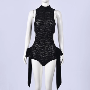 Detail of black lace bodysuit featuring a high neck and decorative velvet waist ties