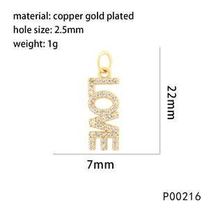 Detail view of 22mm gold plated LOVE charm with micro-inlaid stones and size parameters
