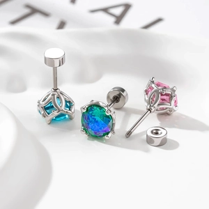 Octagon rose cut titanium steel cartilage stud earrings in blue, green, and pink
