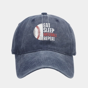 Detailed texture of navy washed cotton denim baseball cap with vintage finish