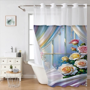 Detail of floral shower curtain with metallic grommets and realistic 3D rose pattern