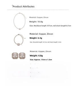 Detailed size chart for the rose gold cubic zirconia necklace, bracelet, and earrings set