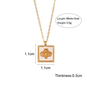 Golden stainless steel necklace with square bee pendant and shell inlay, 40cm plus 5cm