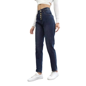 Jeans slim dritti a vita alta blu scuro da donna con cinque bottoni in metallo dorati