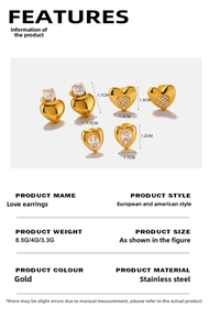 Specifiche dettagliate sulle dimensioni degli orecchini a cuore in oro 18K e zirconi
