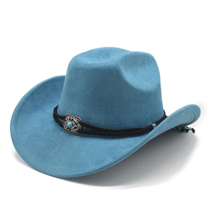 Detail of blue suede western cowboy hat with braided rope and turquoise silver buckle