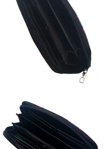 Interior detail of long zipper wallet showing multiple card slots and compartments