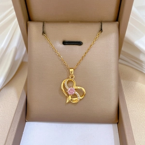 Elegant Heart Pendant Necklace Stainless Steel Chain Brass Pendant Pink Crystal Micro Inlaid Zirconia Jewelry For Women