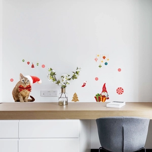 Christmas wall stickers featuring festive cats, gnomes and trees for home holiday decoration