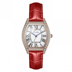 Women's rose gold hexagonal watch with diamond bezel and red leather strap