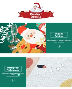 Waterproof detail of festive Christmas tablecloth with digital elk and Santa prints