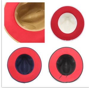 Panama fedora hats with red underbrim in khaki, cream, navy, and black colorways