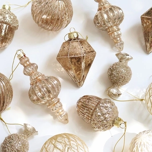 Champagne gold vintage glass Christmas ornaments set with glitter and ribbed textures