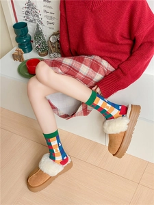 Close-up of knit plaid Christmas socks and camel plush platform slippers in winter setting