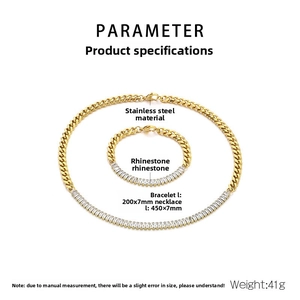 Dimensions détaillées du collier et du bracelet en acier inoxydable doré avec strass