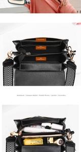 Detail view of black crossbody bag with multiple zip compartments and geometric strap