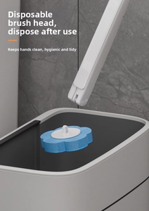 Action shot of blue sponge head detaching from disposable toilet brush handle