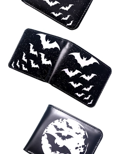 Drei schmale schwarze Gothic-Geldbörsen mit Fledermaus- und Mondmotiven