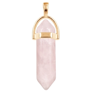 Detailed view of pink hexagonal crystal quartz pendant in a polished gold metal frame