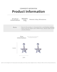 Detailed view of silver star earrings with crystal studs, height 3.2cm, weight 7.6g
