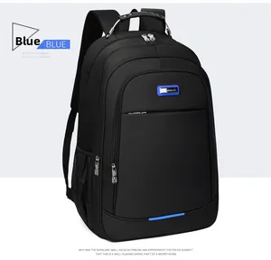 Close-up of black business backpack with blue trim detailing and side mesh pocket