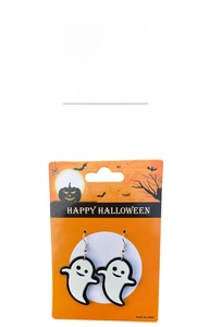 Detail of white ghost Halloween earrings with illustrative card packaging and hooks