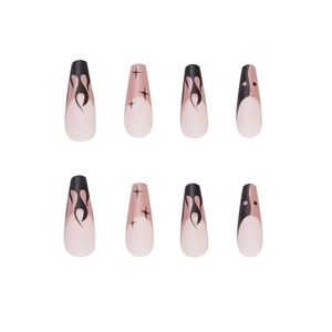 French press-on nails with flame patterns and star designs in black and nude colors