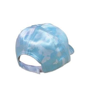 Detailed back view of kids light blue satin baseball cap with adjustable strap and prints