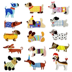 Detailed set of 15 colorful cartoon dog embroidery patches for clothing iron-on