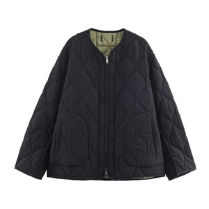 Women Quilted Jacket Reversible Lightweight Round Neck Zipper Liner Outerwear Retro Style Polyester