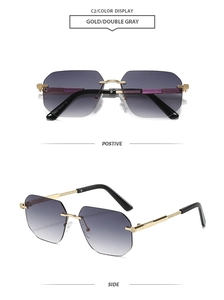 Classic rimless geometric sunglasses with gold metal temples and gray gradient lenses