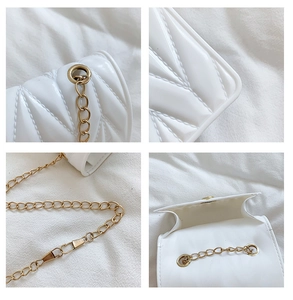Detailed views of white quilted silicone mini bag with gold chain strap and V-pattern stitching