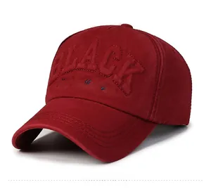 Detail of dark red baseball cap with 3D BLACK embroidery and New Collection text