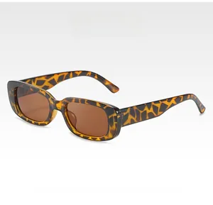 Detail of leopard print rectangle frame sunglasses with brown lenses on white background