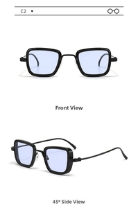 Front and 45-degree side views of vintage square metal sunglasses with tinted lenses